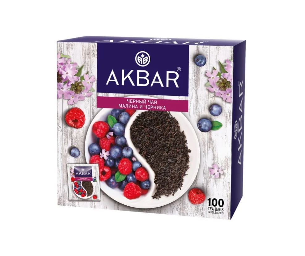 Чай Akbar Малина и Черника 100 пакетиков. Цена за одну упаковку